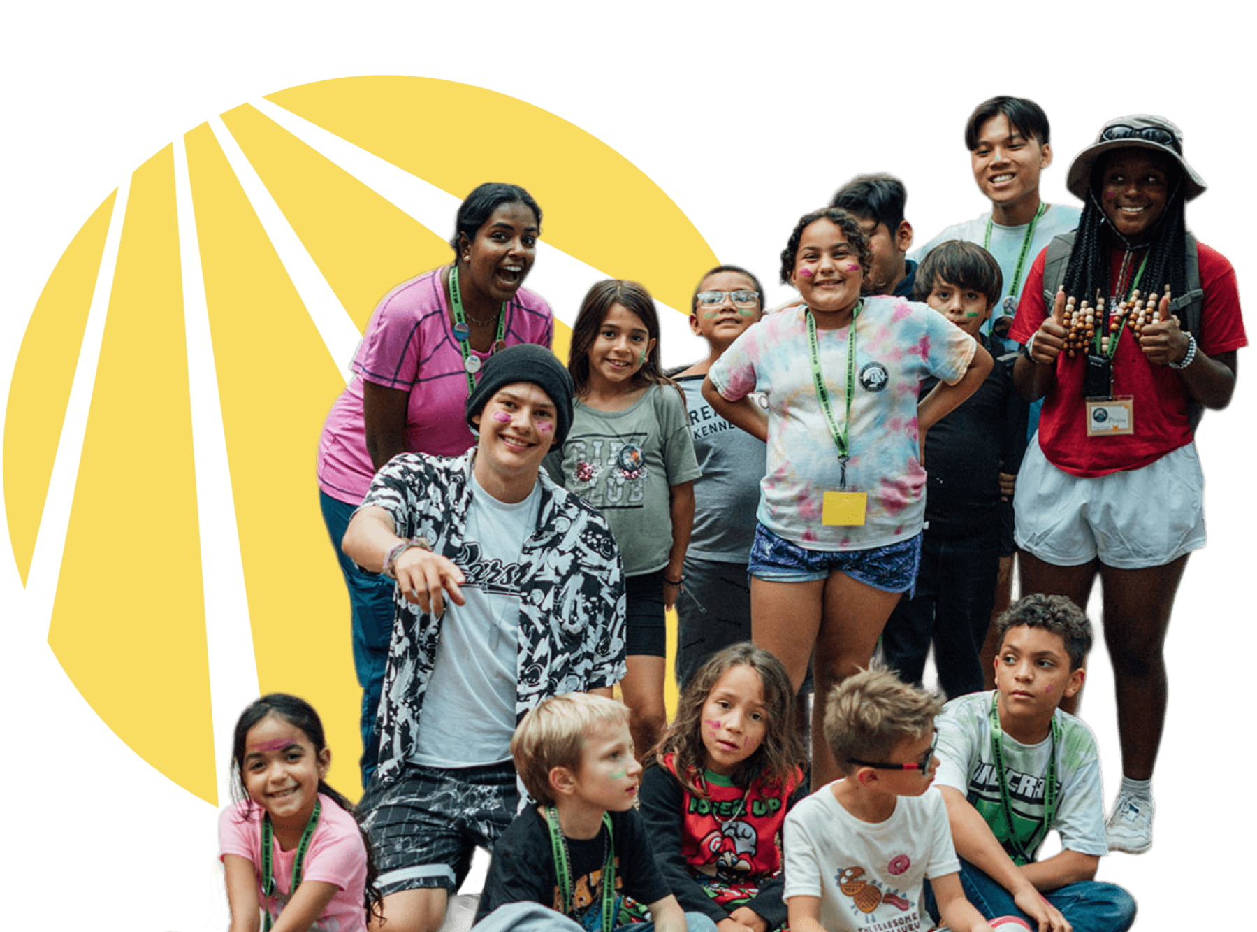A group of children and teenagers standing at a camping program, with the Alliance for HOPE logo in the background